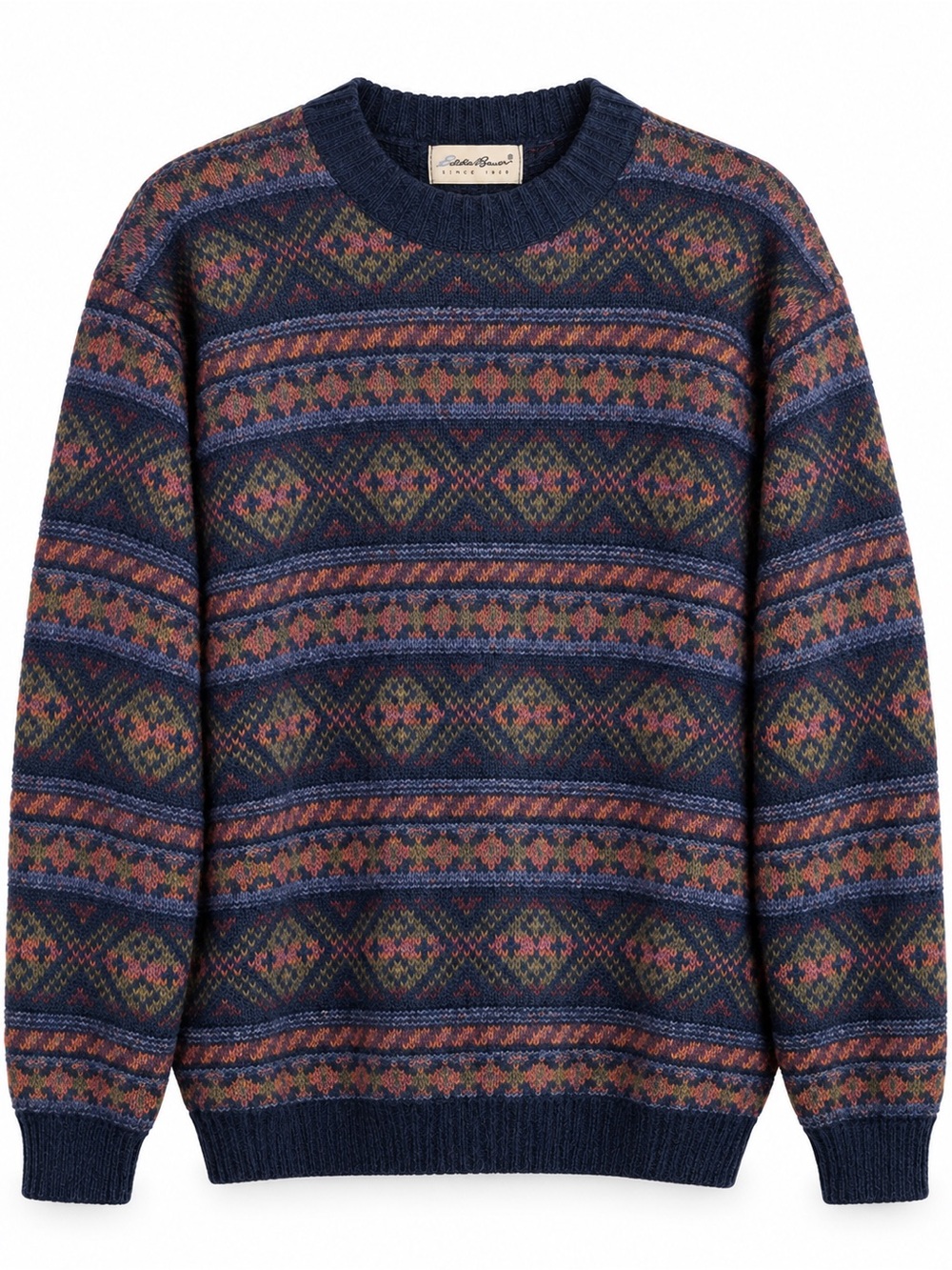 Vintage Eddie Bauer USA Made Recycled Wool Fair Isle Sweater Mens L Navy Green